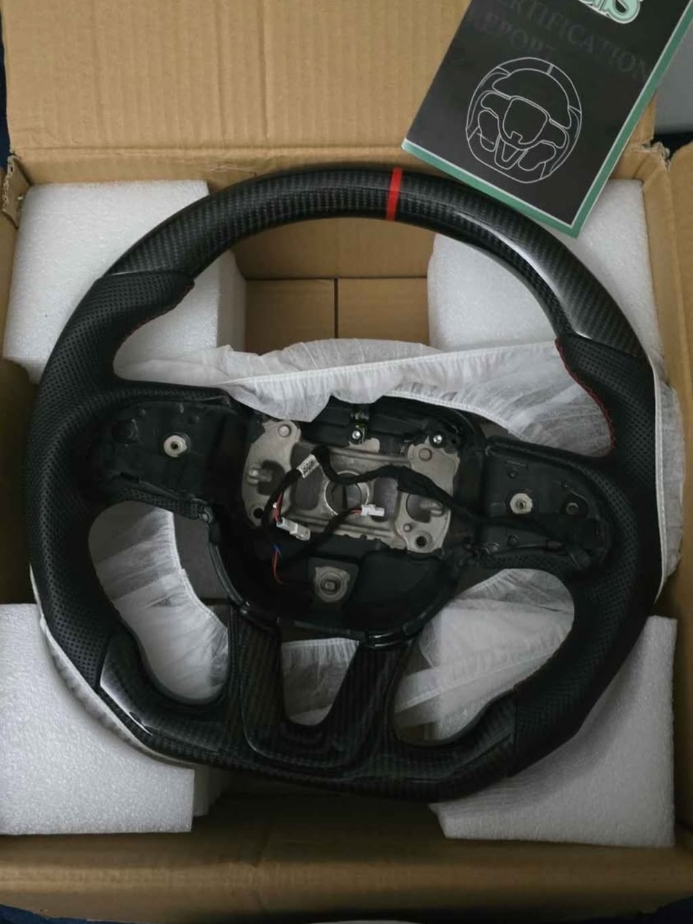Carbon Fiber Style Steering Wheel with Red Center Stripe